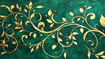 Wall Mural - Golden floral design on dark green textured background; decorative art print