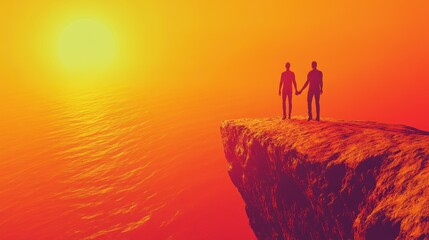 Poster - Couple Silhouette Holding Hands on Cliff at Sunset