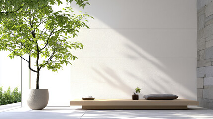 Wall Mural - serene minimalist interior featuring wooden platform, potted plants, and natural light. design emphasizes simplicity and tranquility