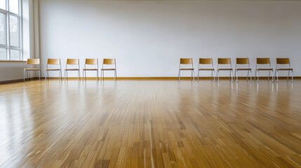 Wall Mural - Minimalist interior with wooden floor and empty chairs arranged in line