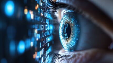 Close-up eye viewing digital code, futuristic background, cybersecurity concept