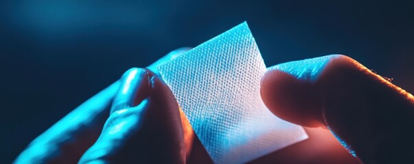 Hands hold mesh fabric; blue light; lab background; medical use