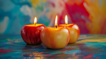 Wall Mural - Beeswax apples candles in a isolated colorful backdrop