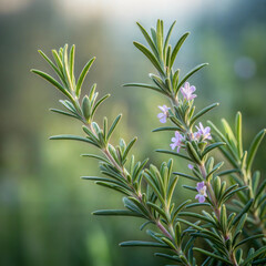fresh rosemary plant with small flowers in a natural green setting