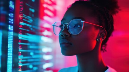 Woman programmer analyzing data on server screen in a tech office at night