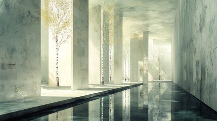 Sticker - Serene minimalist architecture bathed in soft light reflects in still water. AI Generated