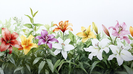 Wall Mural - Vibrant watercolor painting of colorful lilies in lush green setting, showcasing their beauty and elegance