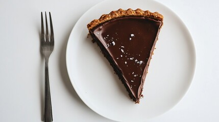 Wall Mural - A minimalist gluten-free chocolate tart with a simple but elegant presentation, placed on a clean, white table with a single fork beside it