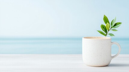 Wall Mural - Coffee mug, plant, ocean view, calm morning, relaxation