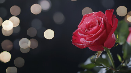 Wall Mural - stunning red rose with droplets, set against blurred bokeh background, evokes romance and beauty