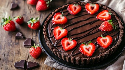 Wall Mural - A romantic Valentine's Day gluten-free chocolate tart with heart-shaped strawberry slices and dark chocolate drizzle