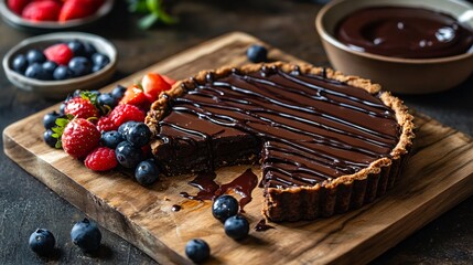 Wall Mural - A rustic-style gluten-free chocolate tart served on a wooden cutting board, with a drizzle of warm chocolate sauce and a side of fresh fruit