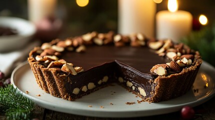 Wall Mural - A sophisticated gluten-free chocolate tart with layers of caramelized almond brittle, elegantly displayed under soft candlelight