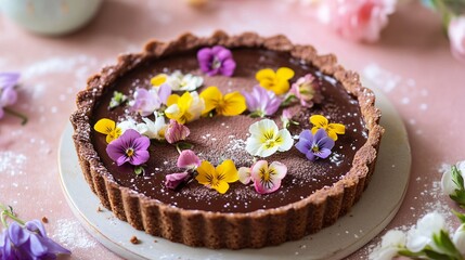 Wall Mural - A spring-inspired gluten-free chocolate tart decorated with edible flowers and light cocoa dusting, placed on a pastel-hued tablecloth