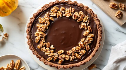 Wall Mural - A Thanksgiving-themed gluten-free chocolate tart with a nutty crust, topped with roasted walnuts and cinnamon-infused chocolate ganache