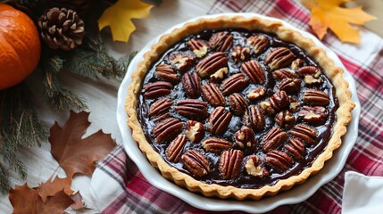 Wall Mural - An autumn-inspired gluten-free chocolate tart with caramelized pecans and a maple glaze, placed on a cozy plaid tablecloth