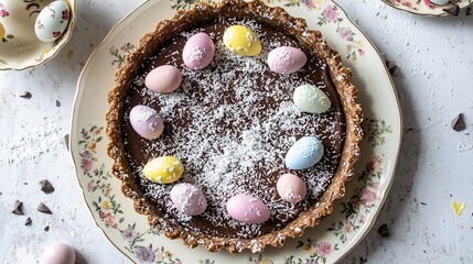 Wall Mural - An Easter-themed gluten-free chocolate tart with pastel-colored chocolate eggs and a coconut dusting on a vintage floral plate