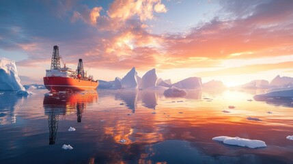 Wall Mural - Arctic Oil Rig Sunset Dramatic Icebergs Seascape