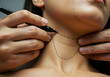 © TAMER YILMAZ - Double chin removal plastic surgery operation concept. Doctor surgeon hands drawing the cut line of female double chin, closeup, cropped