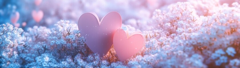 Sticker - Two Pink Hearts Amidst a Wintery Floral Scene