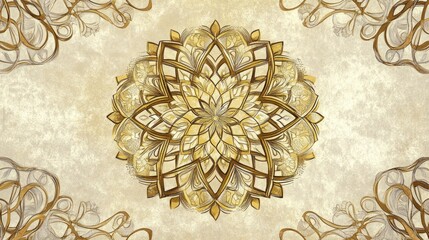 Wall Mural - Ornate Golden Mandala Design on Beige Background