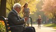 © Ibnu - Elderly Man Uses Phone While Sitting On Park Bench