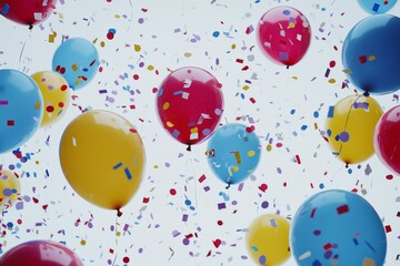 Colorful balloons and confetti floating in a festive atmosphere of celebration and joy