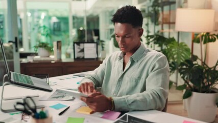 Fototapete - Laptop, thinking and man in office with notes on data analytics, stats or development report. Planning, consultant or business intelligence analyst with online research, documents and ideas on tablet