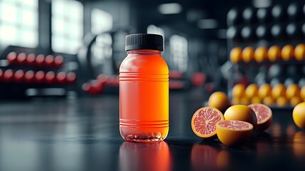 Refreshing Neon Sports Drink Surrounded by Juicy Oranges in a Modern Gym Environment. sports drinks fitness health Concept