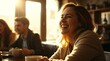 © edibudi - Fine art photograph in a dramatic cinematic style, warm golden hour lighting. A woman in her 30s with genuine laughter, with friends in a café enjoying coffee.