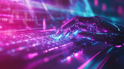 Robotic Hand Typing on Neon Lit Keyboard