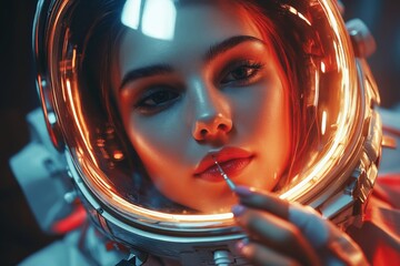 Aufkleber - Female astronaut with illuminated helmet exploring futuristic space environment