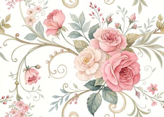  Seamless Rococo Revival pattern Trend 2025. Elegant floral arrangement featuring pink and cream roses, decorative gold swirls, and delicate leaves in a vintage-inspired watercolor style.