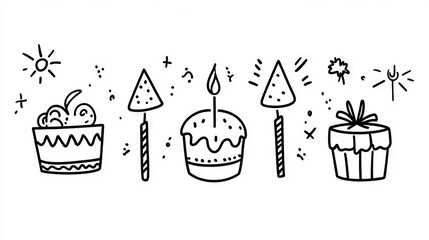 Wall Mural - minimalist birthday icons, black line art, hand drawn style, simple party elements, celebration symbols, monochrome design, clean white background, flat vector illustration, casual doodle aesthetic,