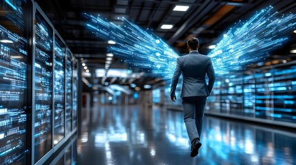digital transformation: businessman with data wings - digital trans.