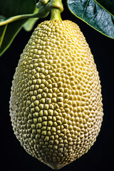 Jackfruit hanging from its branch, displaying its unique bumpy and textured skin against a dark background, creating a visually appealing contrast