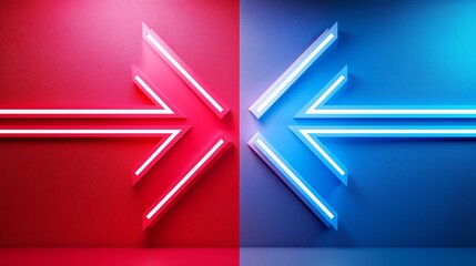 Wall Mural - american trade war concept. neon arrows in red and blue against a textured wall background.