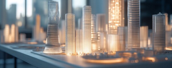 Aufkleber - Illuminated scale model of a city center with skyscrapers at night
