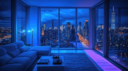 Aufkleber - A minimalist living room of apartment featuring modern furniture, A panoramic city skyline view, enhances the luxurious ambiance with purple led for the ambiance.