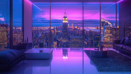 Aufkleber - A minimalist living room of apartment featuring modern furniture, A panoramic city skyline view, enhances the luxurious ambiance with purple led for the ambiance.