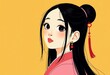 © Eliane - 清王朝の女の子, ピンクの漢服, 工筆画, ミニマリストの肖像画, 黒髪, 幾何学的な形, マットイエロー, ネオポップスタイル, 中国の美術, もつれた宝石