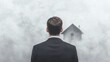 © JDDay - A man in a suit stands in fog, gazing at a distant house, evoking themes of contemplation and solitude.