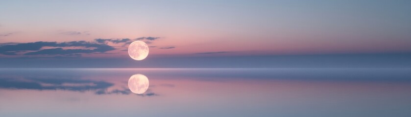 Canvas Print - Full Moon Rising Over Calm Ocean Waters at Sunset