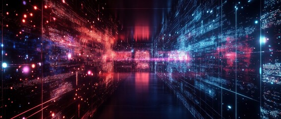 Wall Mural - glowing particles create a stunning abstract background in red and blue, capturing a dark cinematic 