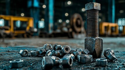 Fototapete - Demonstrating alloy strength through industrial bolts and nuts warehouse setting high-resolution image close-up view