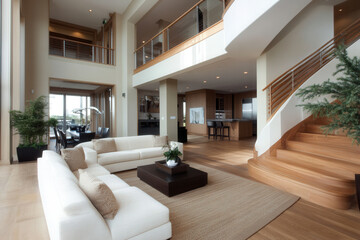 Modern interior design of a spacious living area with elegant decor and natural light during daylight hours