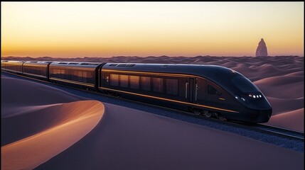 Aufkleber - High-speed rail, with a stealthy black coating that absorbs radar waves, traveling through a desert with sand dunes.