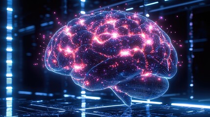Aufkleber - A futuristic AI brain, intricately designed with glowing neural pathways, illuminating in a burst of electric blue and violet light. with circuits and data streams pulsating throughout.