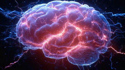 Poster - A futuristic AI brain, intricately designed with glowing neural pathways, illuminating in a burst of electric blue and violet light. with circuits and data streams pulsating throughout.