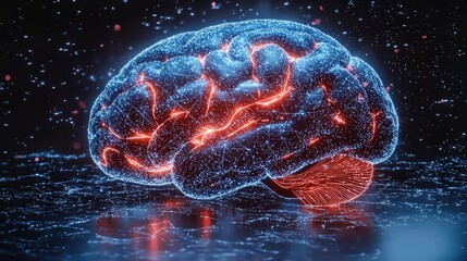 Poster - A futuristic AI brain, intricately designed with glowing neural pathways, illuminating in a burst of electric blue and violet light. with circuits and data streams pulsating throughout.